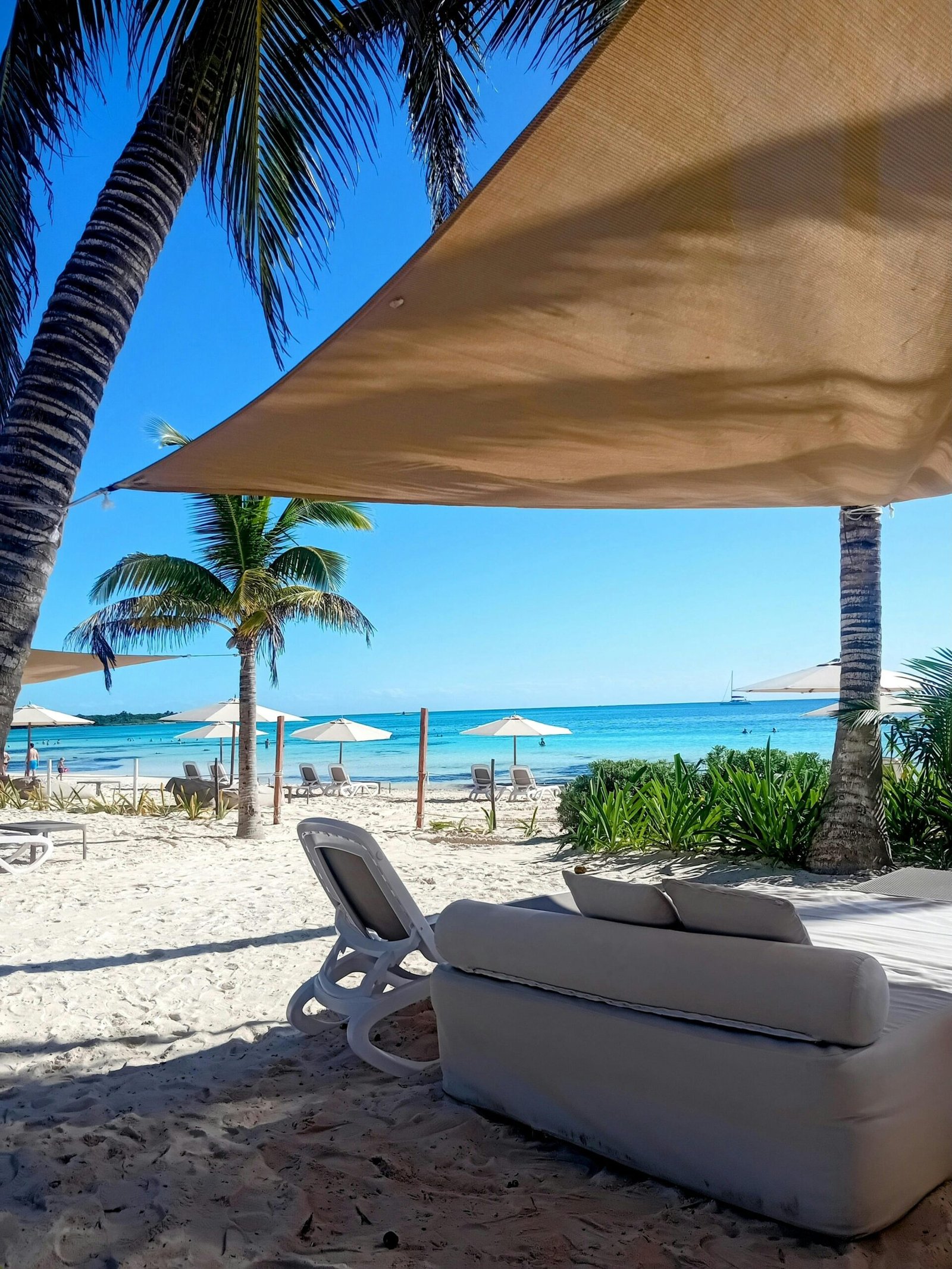 Serene tropical beach scene with palm trees, loungers, and bright blue sea.